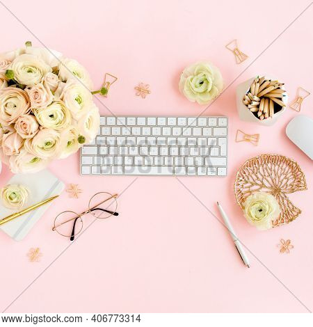 Stylized, Pink Womens Home Office Desk. Workspace With Computer, Bouquet Ranunculus And Roses, Clipb