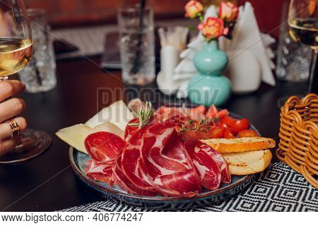 Breakfast Plate With Traditional Spanish Food, Jamon, Fried Egg, Potato Tortilla And Salami Chorizo 