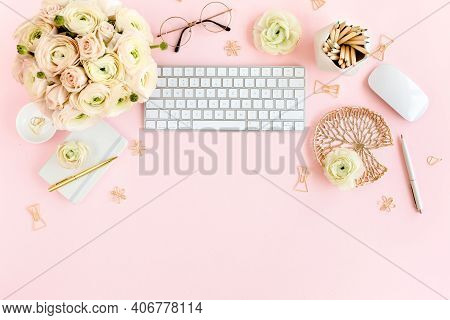 Stylized, Pink Womens Home Office Desk. Workspace With Computer, Bouquet Ranunculus And Roses, Clipb
