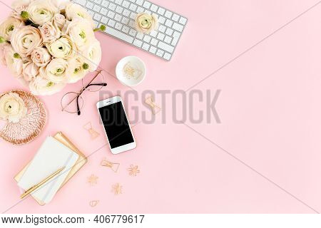 Stylized, Pink Womens Home Office Desk. Workspace With Computer, Bouquet Ranunculus And Roses, Phone