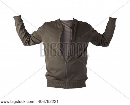 Men's Dark Gren Knitten Bomber Jacket And Dark Gray T-shirt Isolated On A White Background. Fashiona