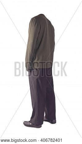 Men's Dark Green Knitten Bomber Jacket ,black Pants And Black Leather Shoes Isolated On White Backgr