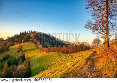 Sunset In The Autumn Time. Hilly Landscape With Evening Sun In Zurich Oberland Switzerland