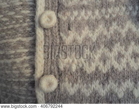 Hand Knit Neutral Accessories. Traditional Knitting And Knitted Buttons. Gray And White Sheep Wool. 