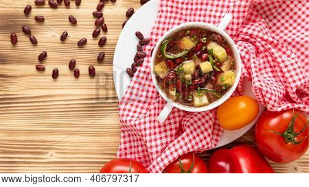 Spicy Chili Beans. With Vegetables And Potatoes. Top View