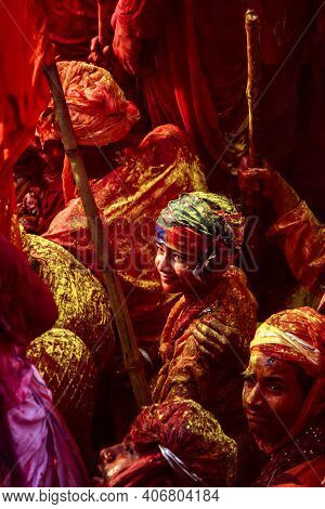 Barsana, Uttar Pradesh, India February 6 2021: People Of India Celebrating Holi In The Holy State Of