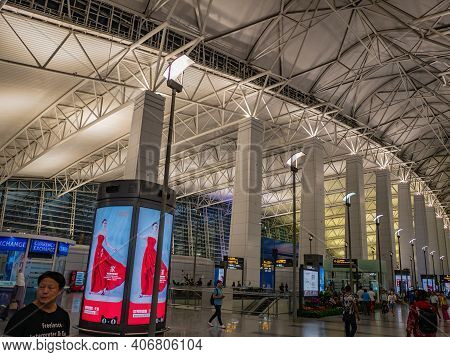 Guangzhou/china-26 Aug 2019:unacquainted People Walking In Baiyun Internation Airport Guangzhou City