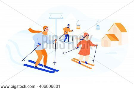 Happy Family Skiing In Mountains. People Spending Winter Vacation At Ski Resort With Elevator And Co