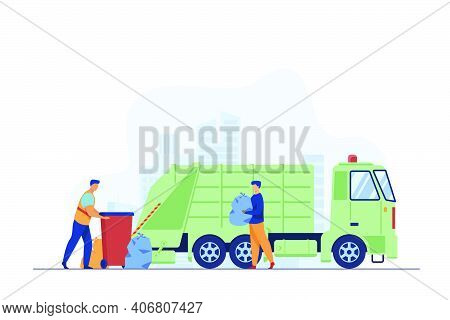 Trash Pickup Worker Cleaning Dustbin At Truck. Man Carrying Trash In Plastic Bag Flat Vector Illustr