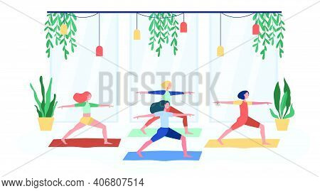Women Exercising In Fitness Club, Attending Yoga Class, Standing In Warrior Pose On Mat. Flat Vector