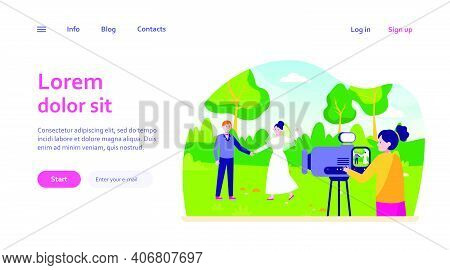 Female Operator Working At Wedding. Camerawoman Filming Just Married Couple Outdoors Scene Flat Vect