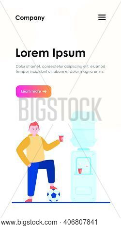 Football Player Drinking Water At Cooler. Male Athlete, Soccer, Sportsman Flat Vector Illustration. 