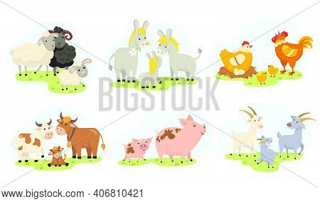 Cute Farm Animals Family Flat Illustration Set. Cartoon Domestic Goat, Sheep, Chicken, Cow, Pig, Don