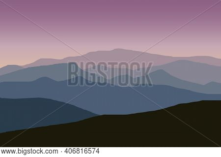Mountain Ridge Landscape Vector Illustration With Purple Gradient Color. Mountains Ridge Scenery Bac