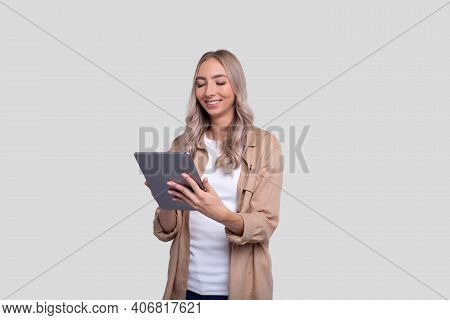 Girl Holding Tablet Standing Isolated. Girl Working With Tablet. Commecial, Shopping, Advertisment C