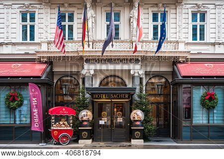 Vienna, Austria - Decembter 19 2020: Hotel Sacher Entrance, Famous For Its Chocolate Cake.