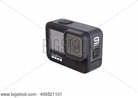 Moscow, Russia - Novemner 11, 2020: New Flagship Action Camera Gopro Hero 9 Black. Front View, Isola