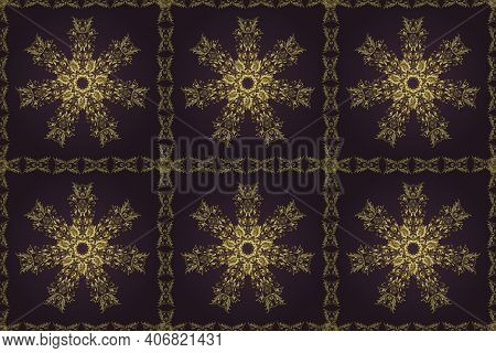 Gold Metal With Floral Pattern. Seamless Golden Pattern. Raster Golden Floral Ornament Brocade Texti