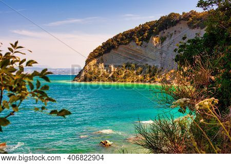 View Of The Moon Bay, Famous Beach In The Strunjan Cliff On The Coast Line Of Slovenia.