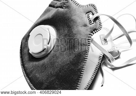 Black And White Image Of Face Mask With Protection Filter. Viruses Theme. Healthcare And Medicine