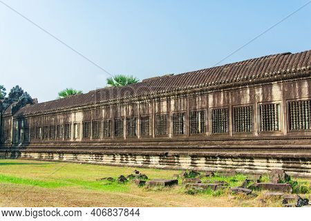 The Ancient  Wall Of Angkor  Wat, Ancient Religious Place Of  Ancient  Khmer.location  Angkor Wat ,s