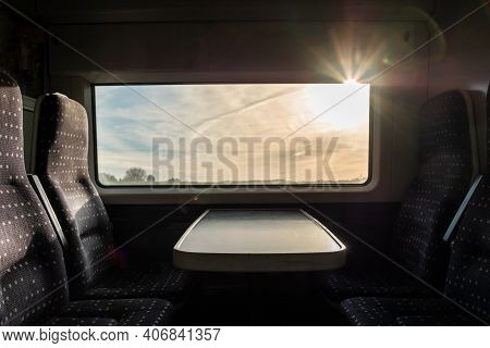 View From Inside A English High Speed Train, Travel To Destination With Noone On Board. Trains Empty