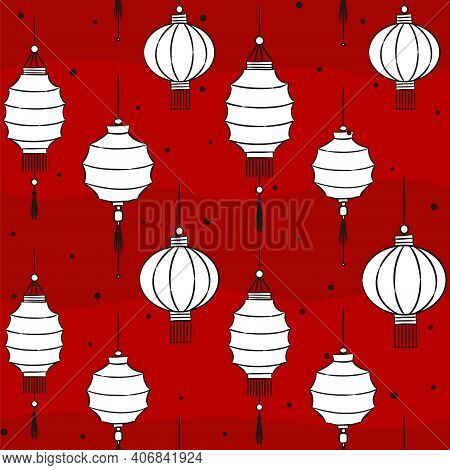 Seamless Pattern Of Chinese Lanterns On A Red Background. Hand-drawn Paper Hanging Lamp. Vector Illu