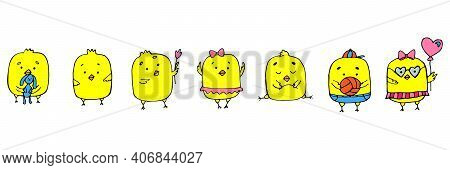 Cute Cartoon Chicken Set. Funny Yellow Chickens In Different Poses, Vector Illustration.