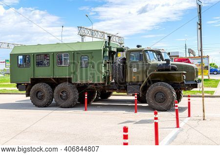 Samara, Russia - May 18, 2019: Green Russian Military Truck Ural 4320 At The City Street In Summer