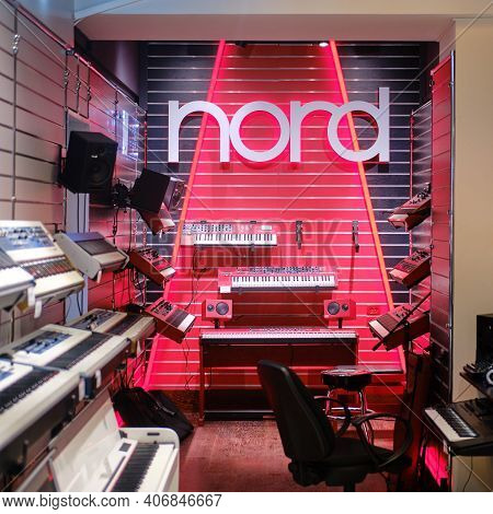 The Inscription And Logo Of The Nord Brand On The Wall Of A Musical Instrument Store - Moscow, Russi
