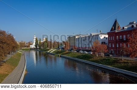 October 22, 2018, Oryol, Russia. Orlik River And Epiphany Cathedral In Oryol.