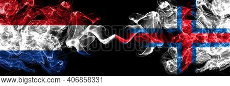 Netherlands Vs Faroe Islands, Faroese Smoky Mystic Flags Placed Side By Side. Thick Colored Silky Ab