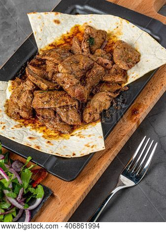 Traditional Turkish Liver Kebab Cuisine. Leaf Liver Spicy. Delicious Turkish Ciger.