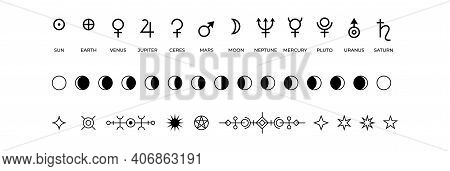 Moon Phases Icons. Black And White Symbols Of Solar System Planets Or Lunar Cycle. Monochrome Mystic