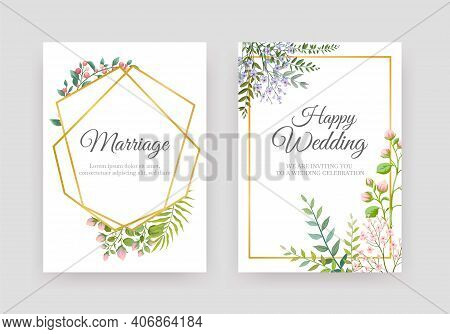 Wedding Floral Posters. Elegant Invitation Cards. Golden Geometric Frames And Decorative Natural Ele