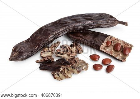 Ripe Carob Pods And Bean Isolated On White Background With Clipping Path And Full Depth Of Field