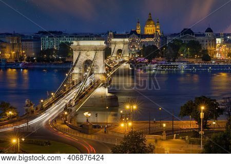 Budapest Chain Bridge In Twillight With Starry Sky, Long Exposure Photo
