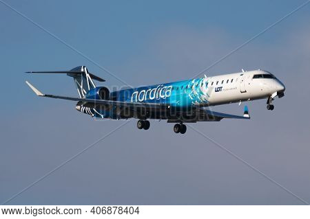 Vienna, Austria - April 6, 2018: Nordica Bombardier Crj-900 Es-acd Passenger Plane Arrival And Landi
