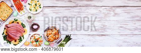 Traditional Easter Ham Dinner. Overhead View Corner Border On A White Wood Banner Background With Co