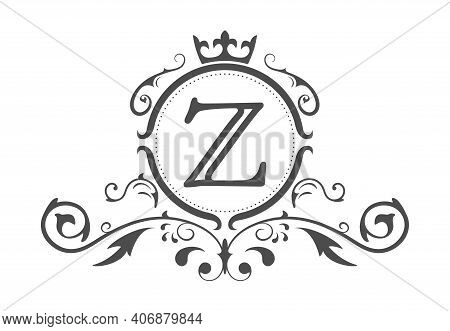 Stylized Letter Z Of The Latin Alphabet. Monogram Template With Ornament And Crown For Design Of Ial