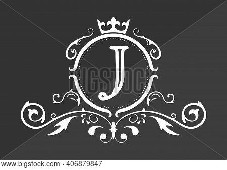 Stylized Letter J Of The Latin Alphabet. Monogram Template With Ornament And Crown For Design Of Ial