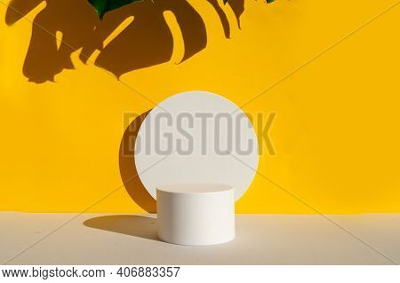 Minimal Modern Product Display Podium On Textured Gray And Yellow Background With Mostera Shadows Ov