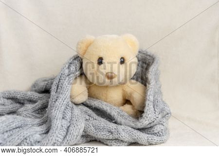 Close-up Of Plushy Teddy Bear Toy Sitting Alone Rolled Up In Grey Warm Blanket. Nice Children Toy On