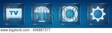 Set Smart Tv, Sun Protective Umbrella For Beach, Lifebuoy And Sun. Square Glass Panels. Vector