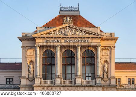 Zagreb, Croatia - Aug 10, 2020: Neoclassical Facade Of Glavni Kolodvor Railway Station During Sunset