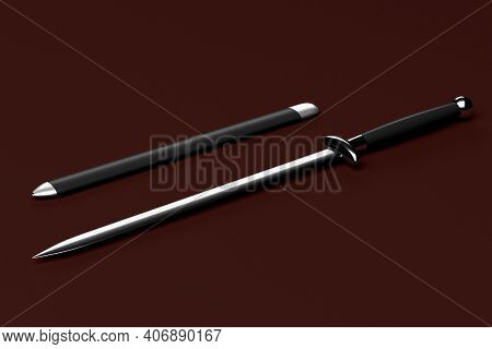 Steel Dagger With Scabbard Close-up On A Burgundy Background 3d Rendering