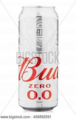 Kyiv, Ukraine - December 22, 2020: Aluminium Can Of Beer Bud Non-alcoholic, On White Background Prod