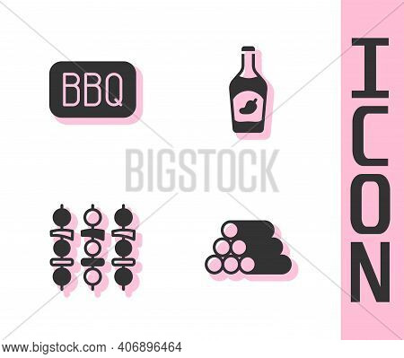 Set Wooden Logs, Barbecue, Grilled Shish Kebab And Ketchup Bottle Icon. Vector