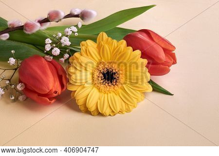 Springtime Decorations, Spring Flowers And Quail Egg. Orange Gerbera Daisy, Red Tulips, Pussy Willow