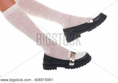 Black Shine Leather Girl Shoes Isolated On White.